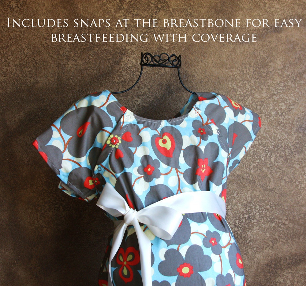 Maternity Hospital Gown in Olivia - Great Baby shower Gift - Cream, Red or Pewter Sash - Ready to ship