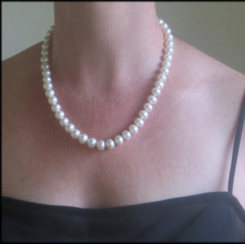Handmade Pearl Necklace White Oval 18 inch Hand Knotted on Silk
