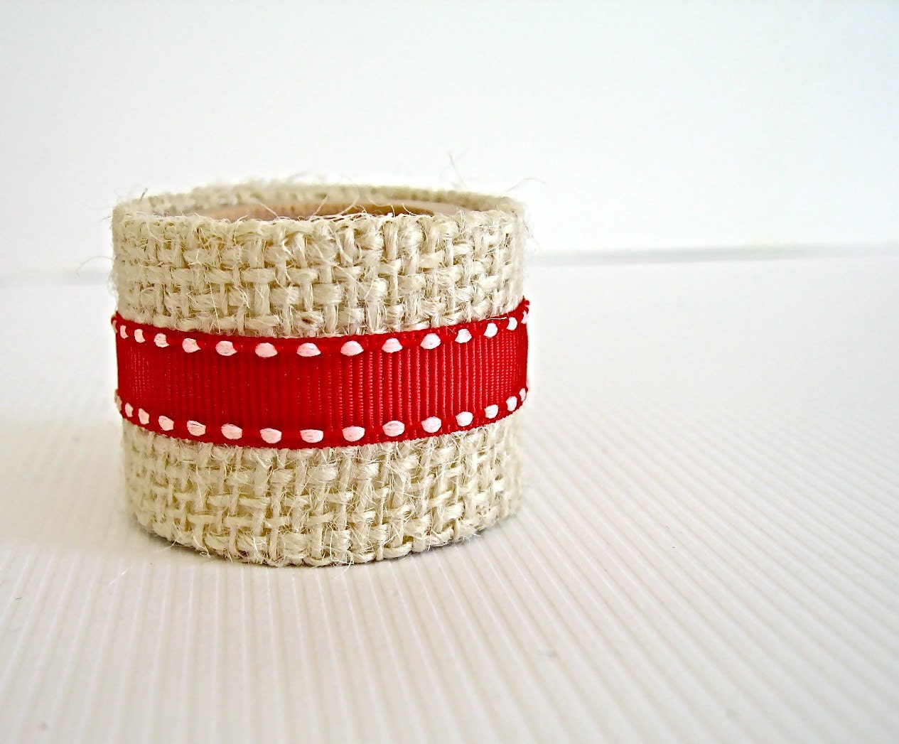 Red Ribbon Napkin Rings with Burlap - set of four