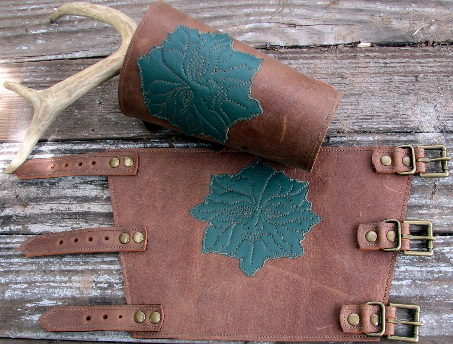 Leather Green Man Bracer Pair w Antiqued Brass Buckles