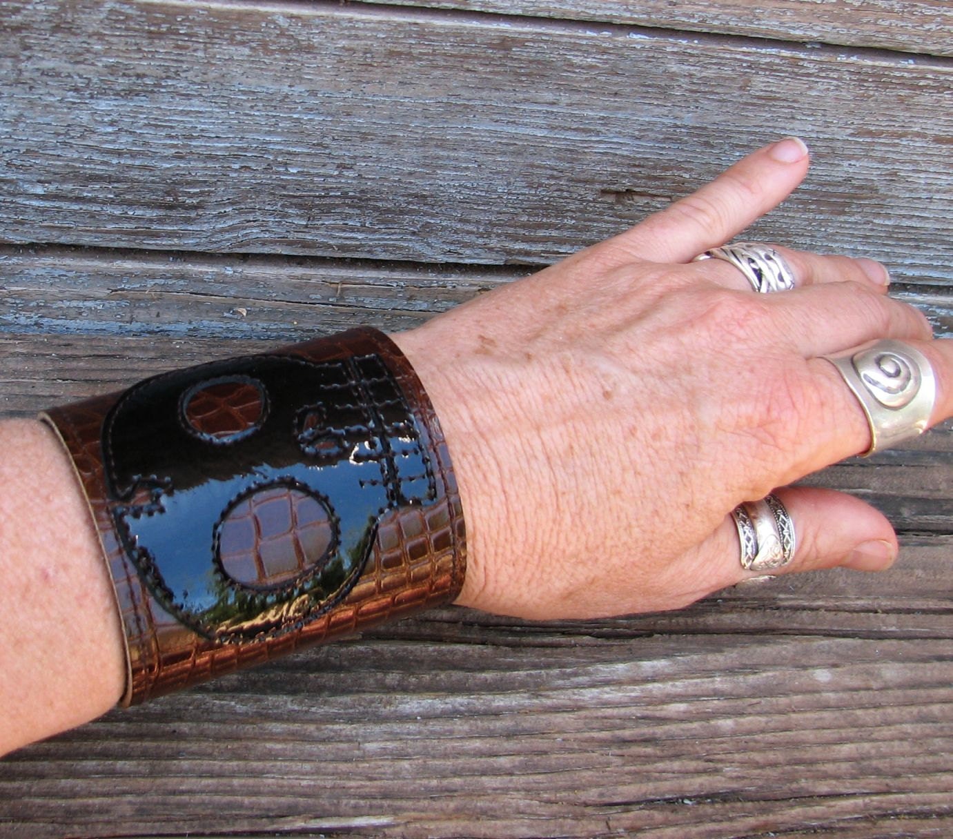 Black and Brown Leather Skull Cuff