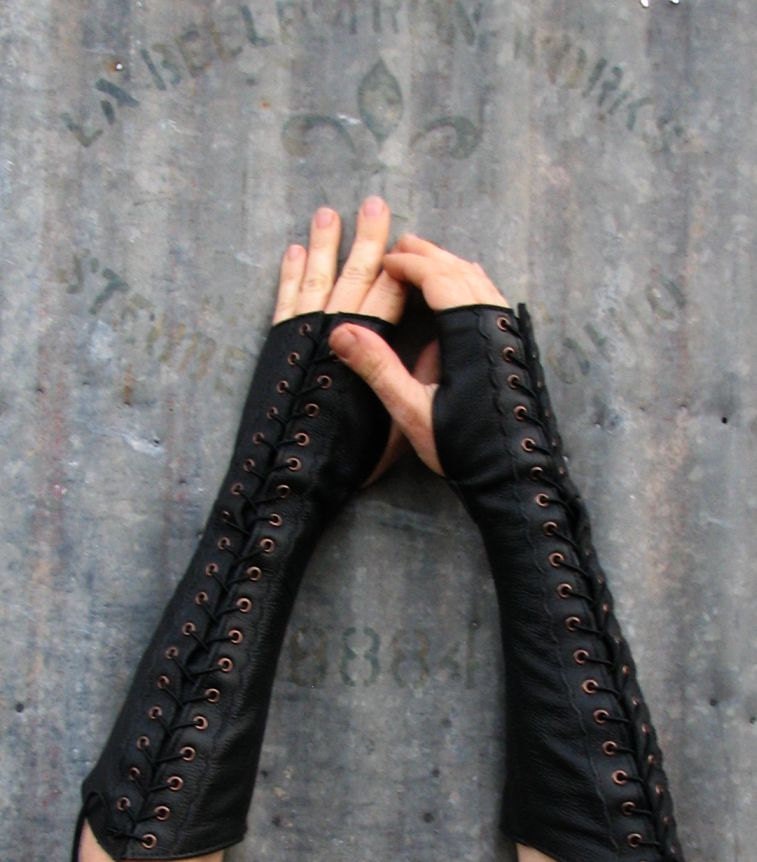 Long Black Leather Steampunk Fingerless Gloves