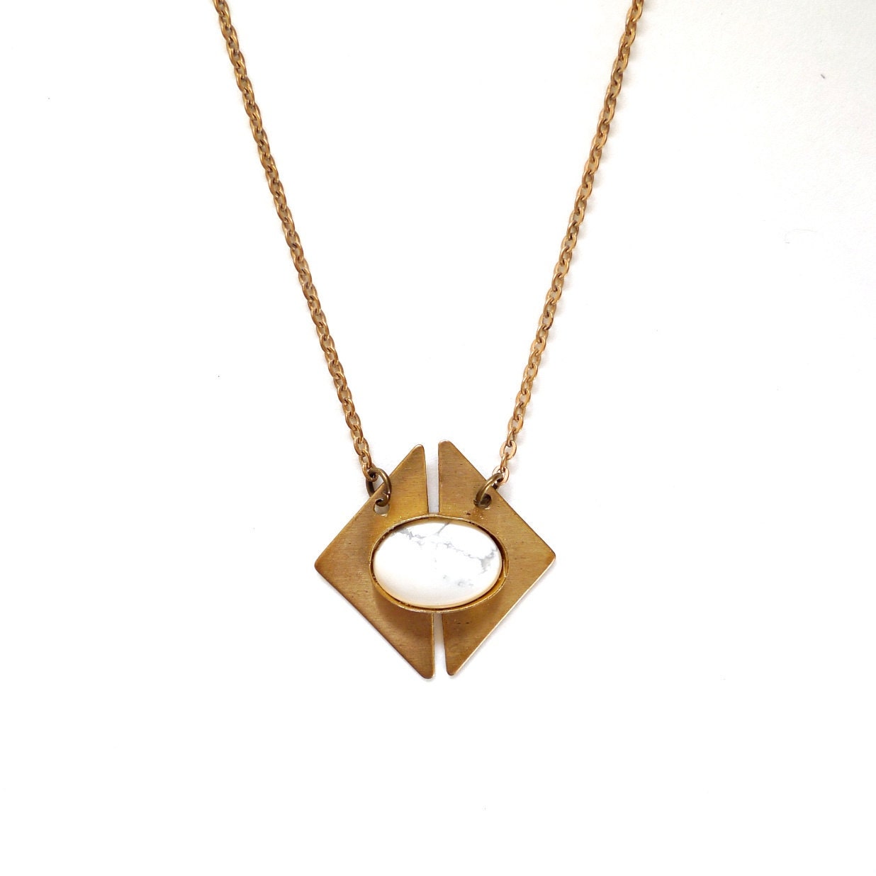 Tiny howlite white and gray stone diamond brass necklace