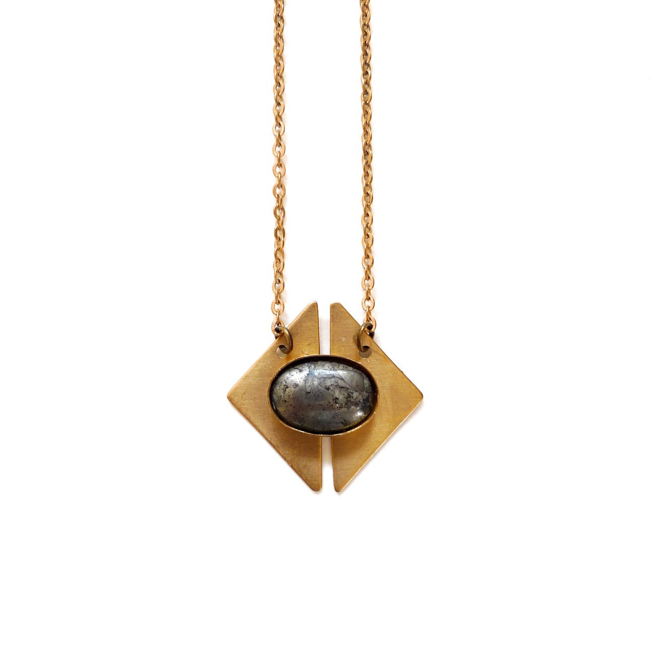 Tiny pyrite gray stone diamond brass necklace