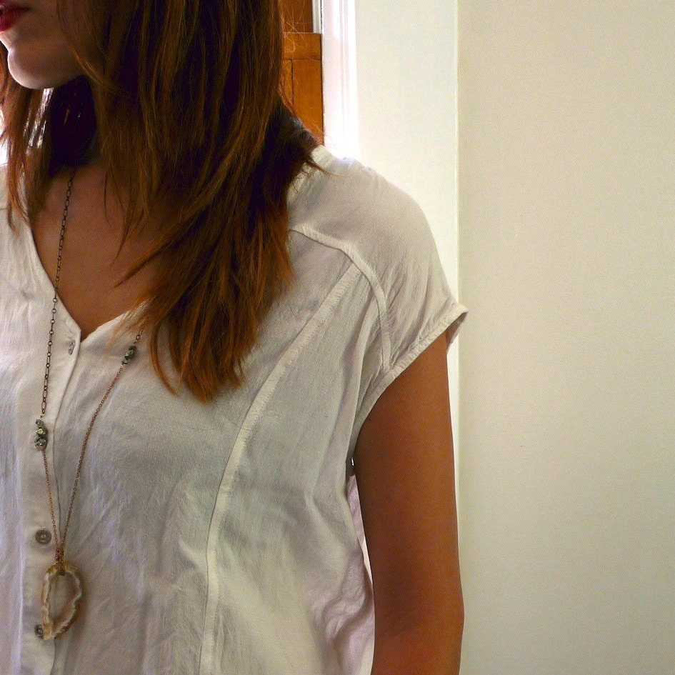 long geode slice necklace with pyrite chunks