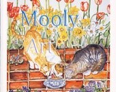 Yellow Cats and Tabby Tail of Two Kitties Note Card Blank 4 x 5 From Original Watercolor Painting