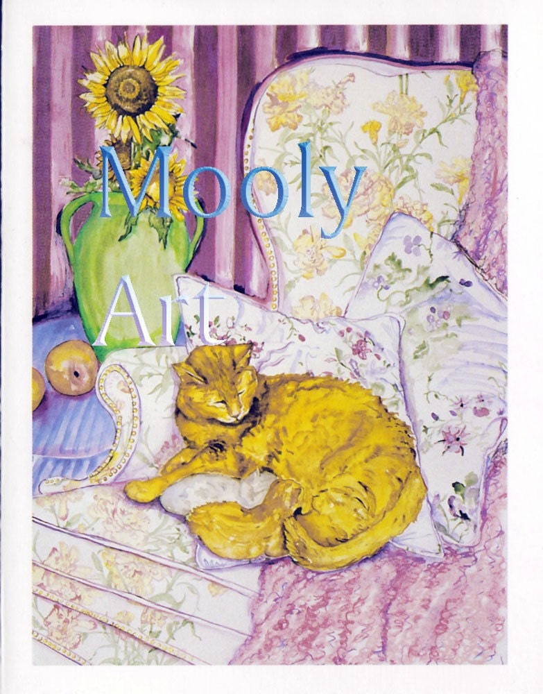 Yellow Mother Cat with Kittens in Madonna of the Flowers Note Card Blank 4x5 From Original Watercolor Painting