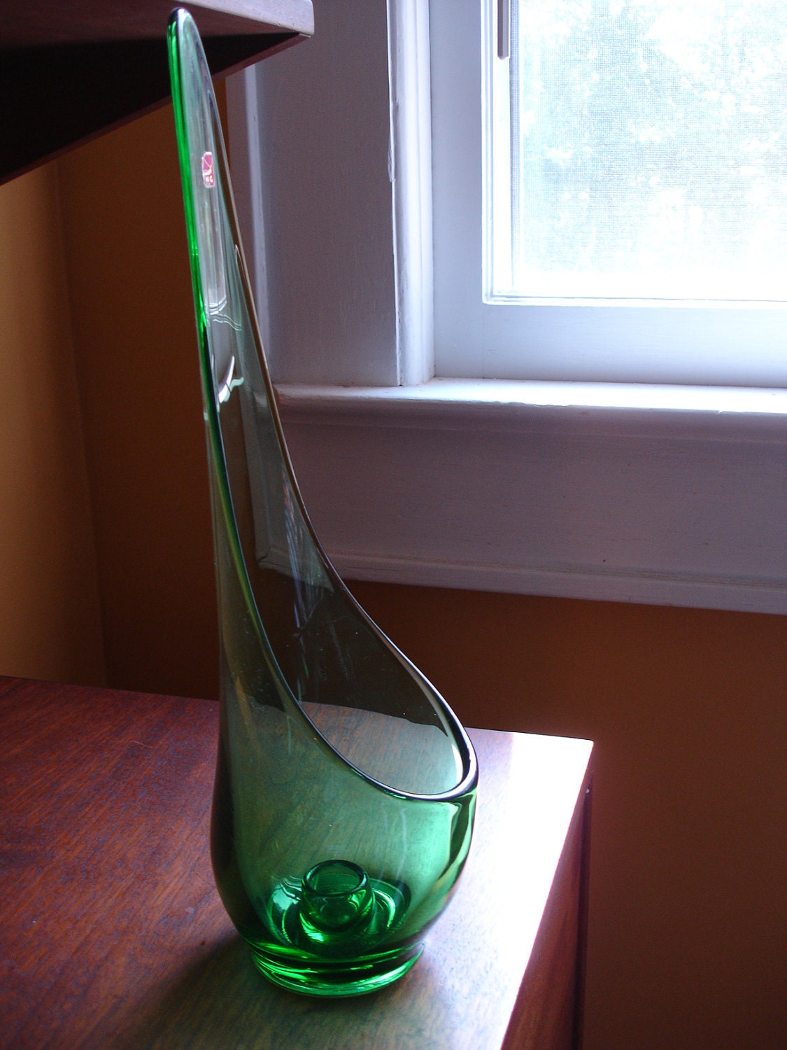 Green Viking Glass candle holder. Mid century modern art glass...