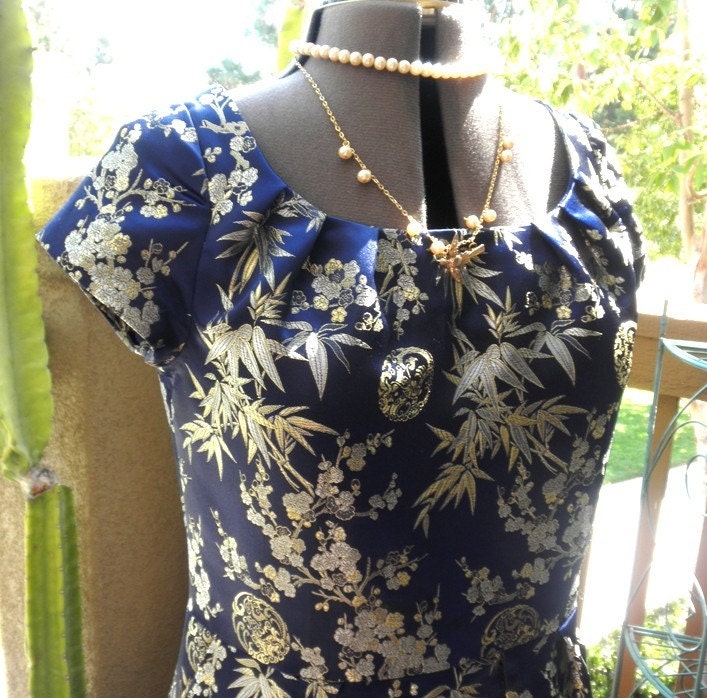 Made to Order: Calling Suzie Wong navy brocade Retro style wiggle dress