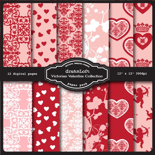 Victorian Valentine Collection Digital Paper Pack for valentine's day, cards, stationary, invitations, scrapbooking and all paper crafts