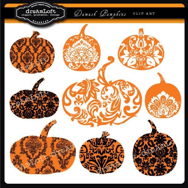 Halloween Clip Art Damask Pumpkins Digital Clipart for Personal and Commercial Use