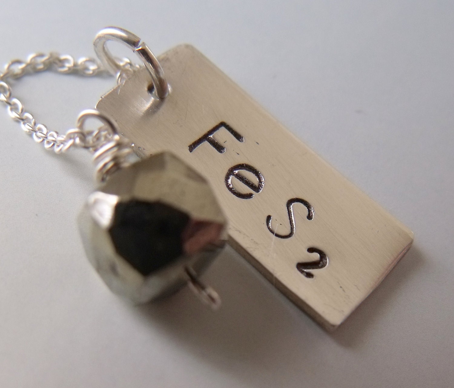 Pyrite Chemical Formula Handstamped Sterling Silver Necklace with Pyrite Cube