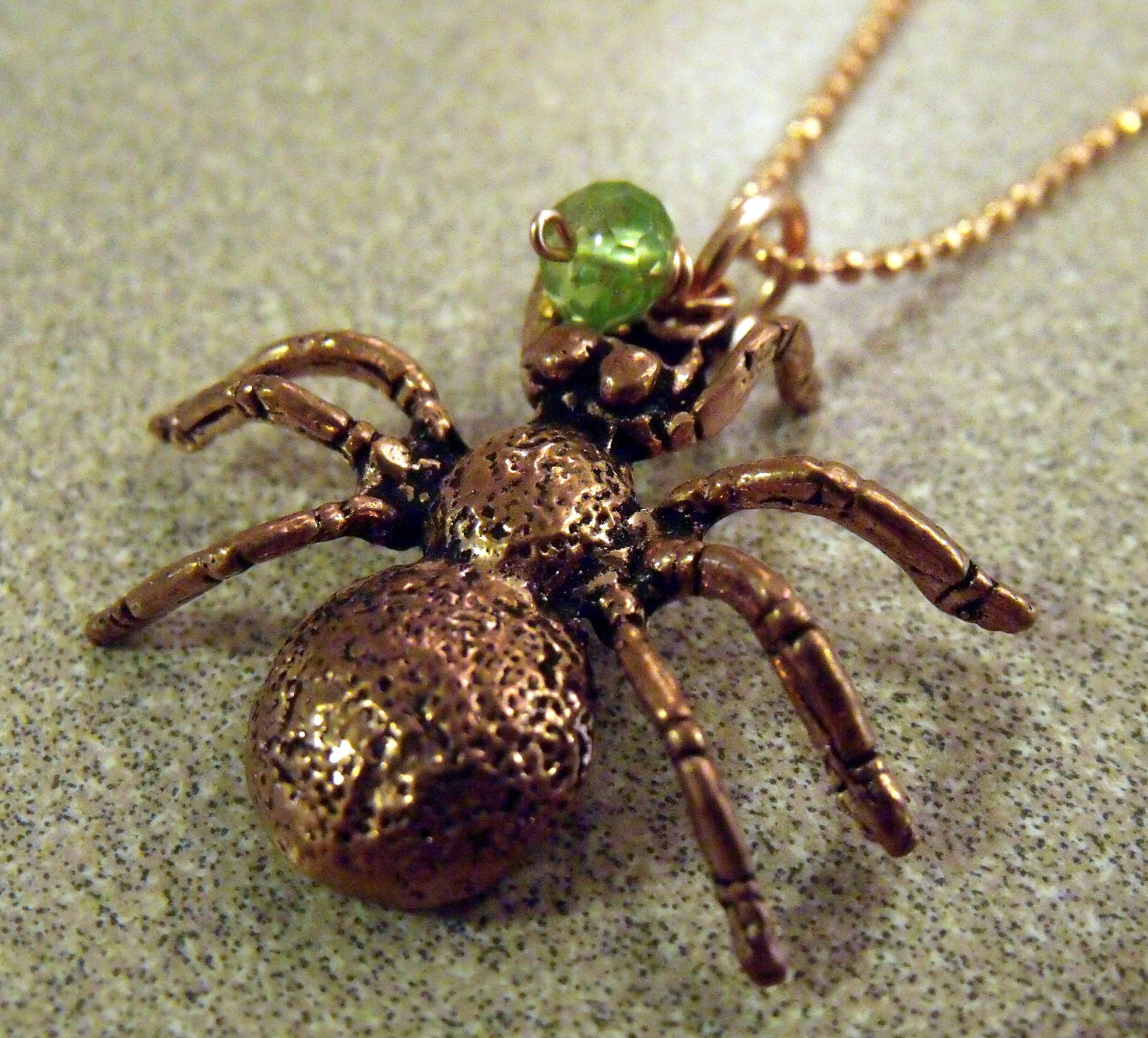 Copper Spider Necklace with a Peridot Gemstone and Copper Ball Chain