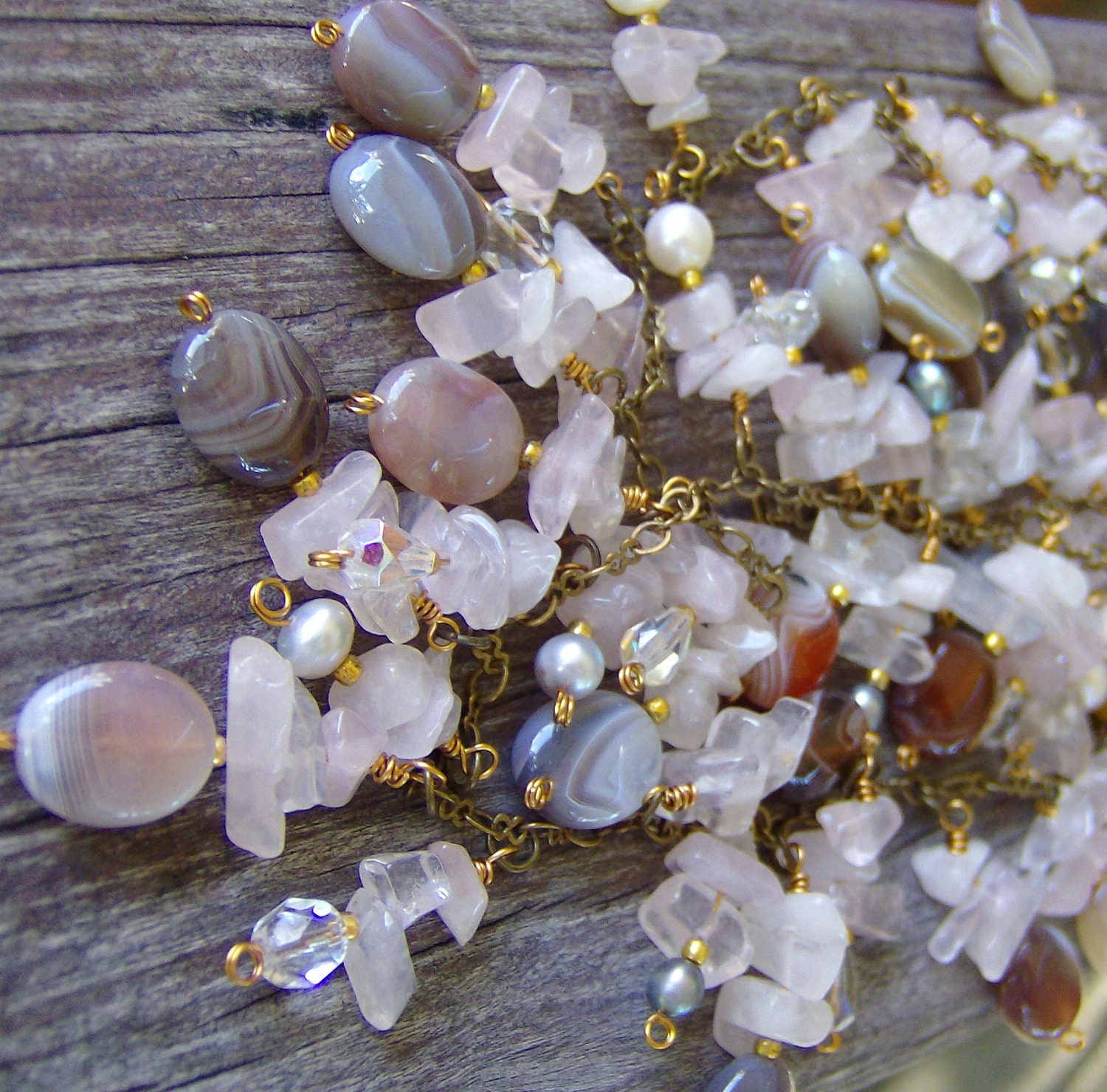 Necklace Weddings Bridal Beadwork Beaded Statement Strand Eco friendly Swarovski crystals Rose Quartz Botswana agate