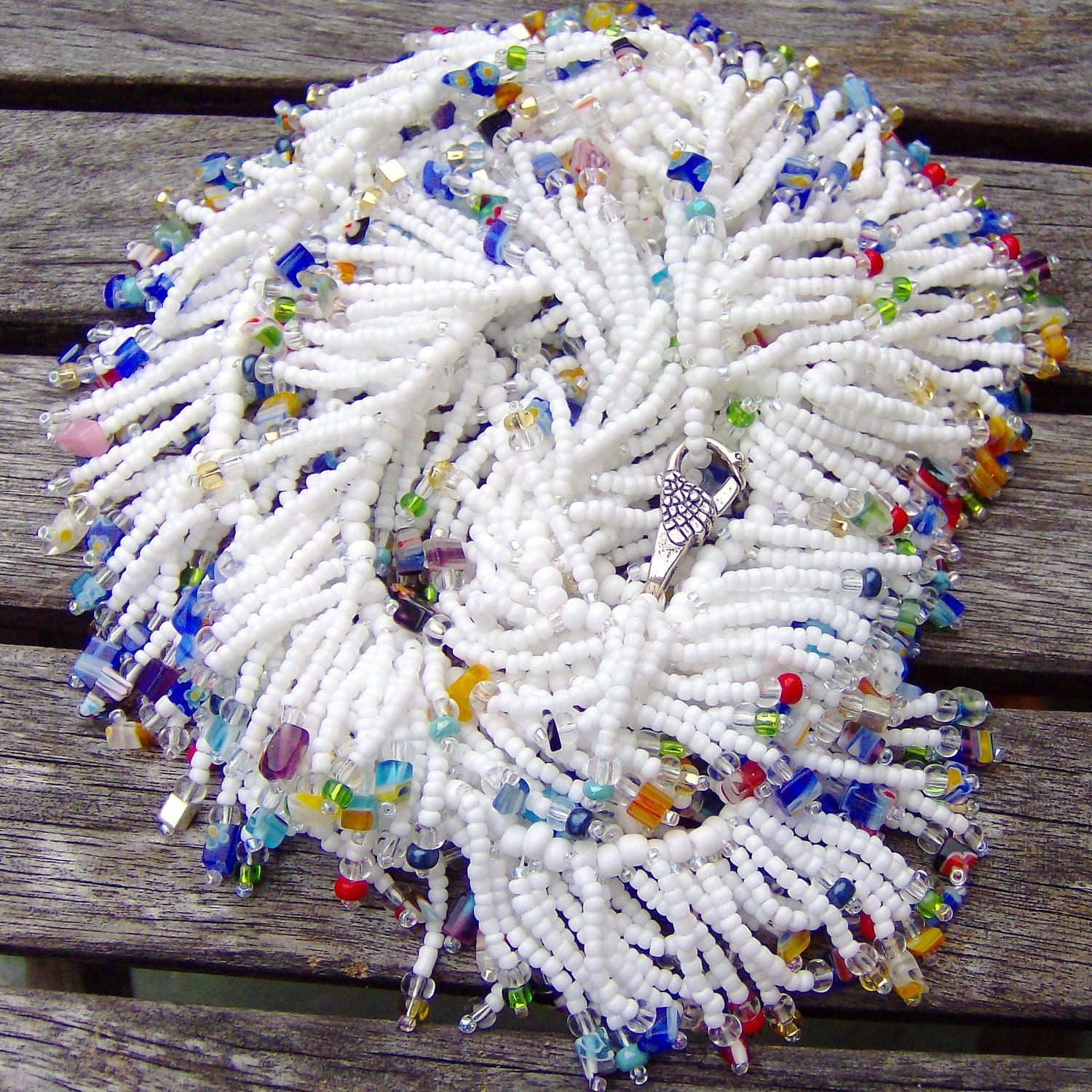 Necklace Statement White Millefiori Italian glass Bohemian Beaded Beadwork Weddings Bridal Ethnic Native Tribal Shabby chic Beach