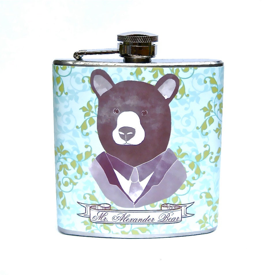 Flask- 6 oz Stainless Steel - Mr Alexander Bear on Floral Groomsmen Gift Wedding Party Flask