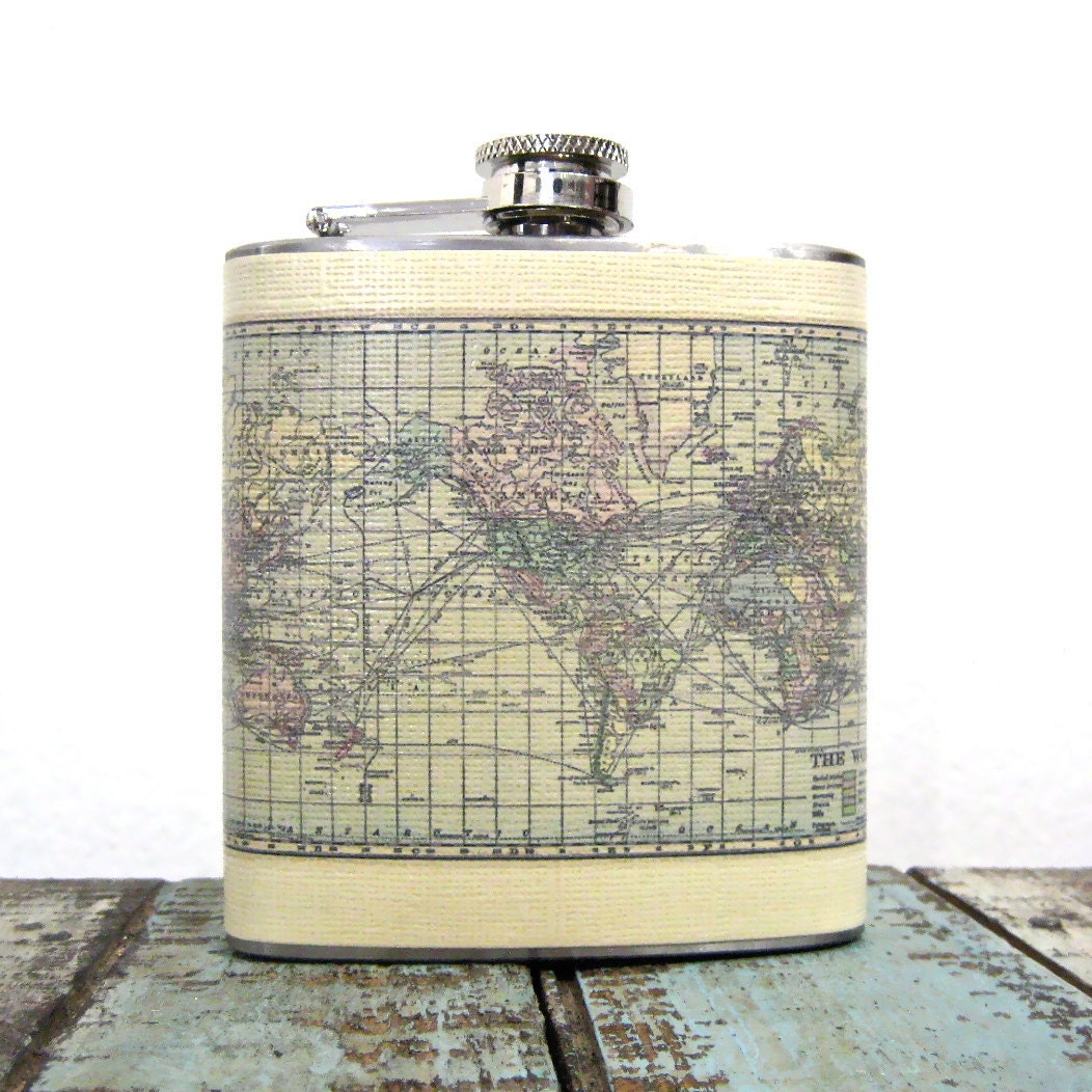 6 oz Stainless Steel - The Wanderlust Flask (TM) - Vintage Map