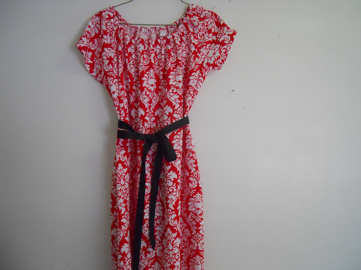 Boutique Red Damask Maternity Gown & Matching Baby Layette Gown set with matching bow band soo pretty look