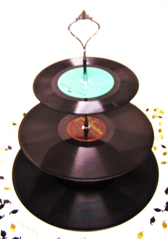 Custom Order Retro Vintage Record Dessert 3 Tier Pedestal Cupcake Stand Upcycle Birthday Party Rock Around The Clock Lets Rock & Roll