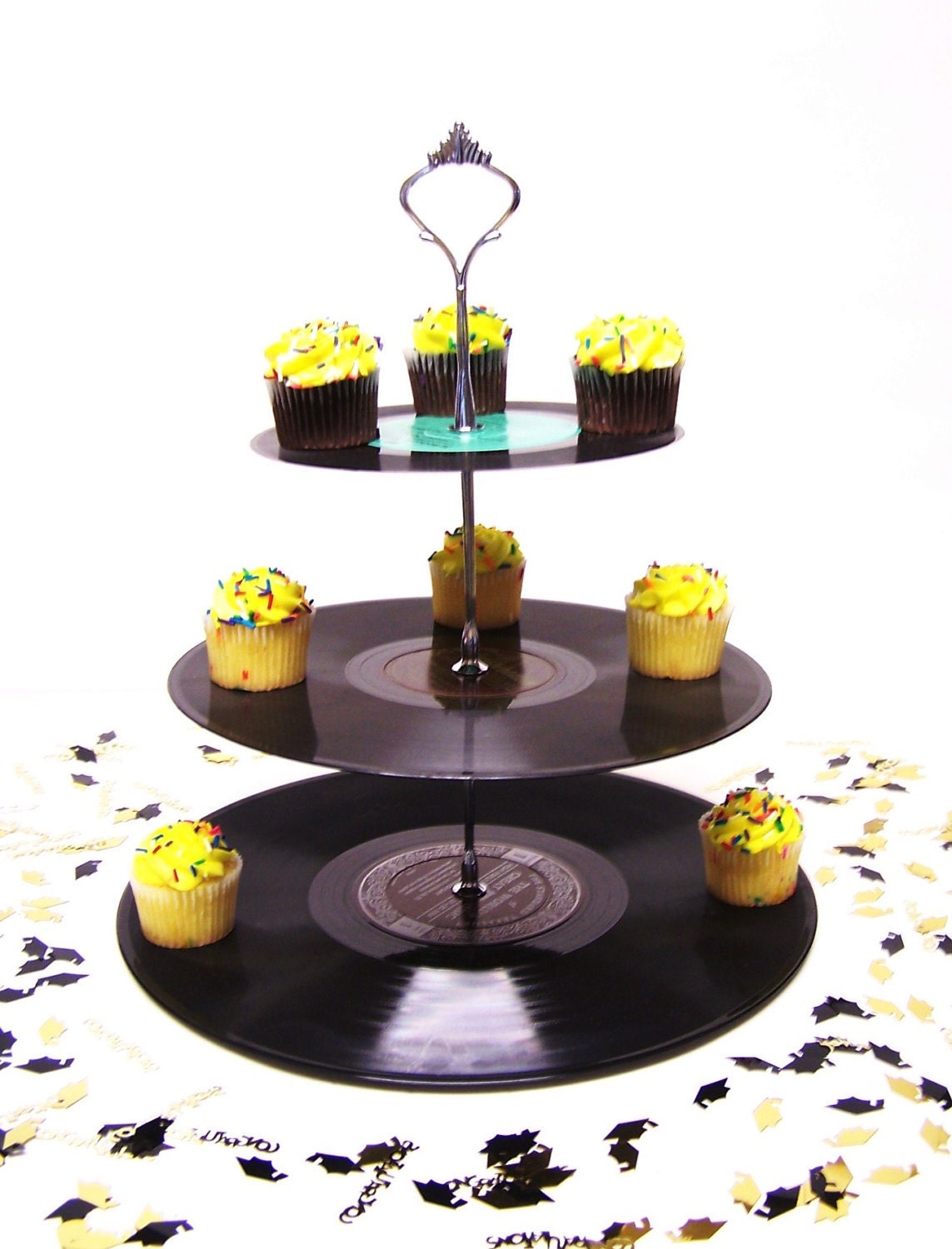 Retro Record Dessert 3 Tier Pedestal Cake Cupcake Stand Recycle Rockabilly Wedding Birthday Lets Rock N Roll