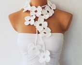 Flower Scarf White Hand Crochet Flower Lariat Scarf