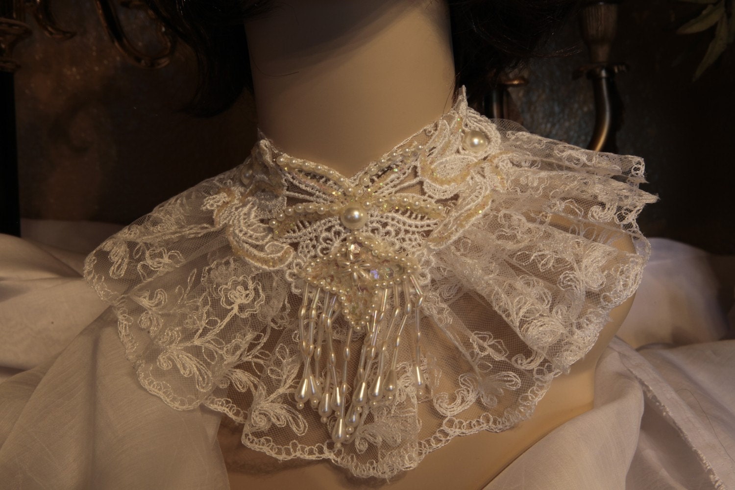 VICTORIAN CHOKER - Adjustable Steampunk - Neo-Renaissance Romantic - TAMBOUR Lace - Jabot - 5 inches wide