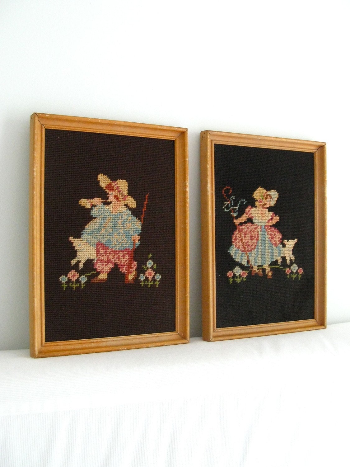 Vintage - Two framed cross stich Boy and Girl with sheeps children nursery decor
