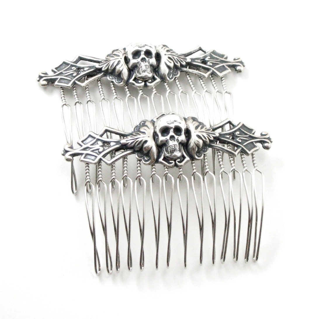 Necromance Hair Combs - Sexy Macabre Gothic Hair Pieces with Antiqued Sterling Silver Plated Skull Heads - by Ghostlove