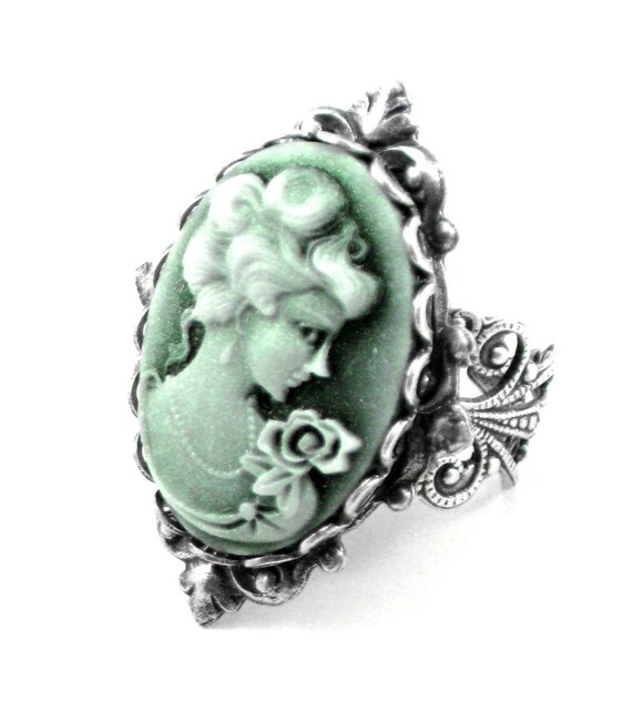 SALE Was 35.00 - Neo Victorian Cameo Ring with Iridescent Emerald Green Shimmer and Antiqued Sterling Silver Plated Band - By GhostLove