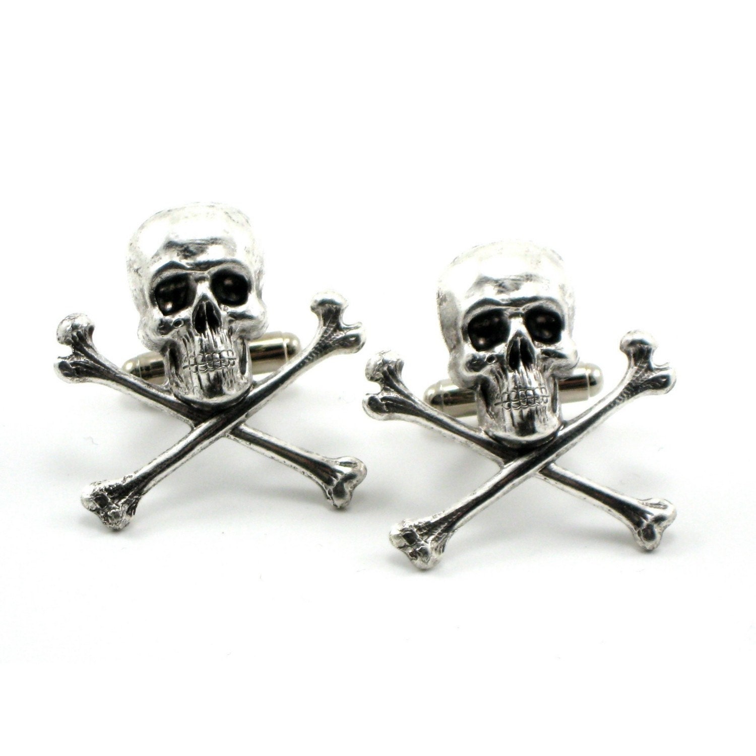 Gothic Wedding Cuff Links - Skull Cuff Links - Antiqued Sterling Silver Plated Skull and Crossbones - By Ghostlove