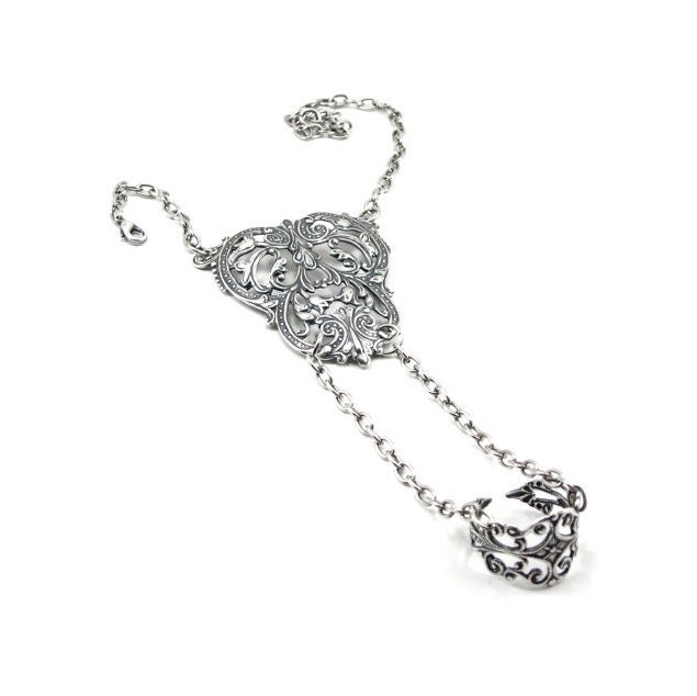 Gothic Slave Chain Bracelet - Rhianna - GORGEOUS Antiqued Sterling Silver Plated Filigree Crest Flourish with Clasp and Ring - By Ghostlove