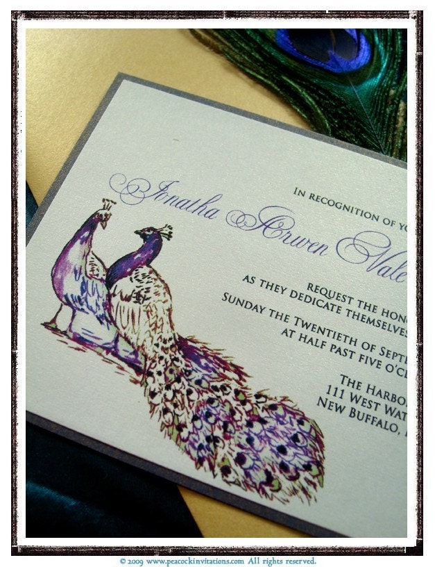 JONATHA Peacock Themed Wedding Invitations in Deep Purple Chartreuse Green and Gold