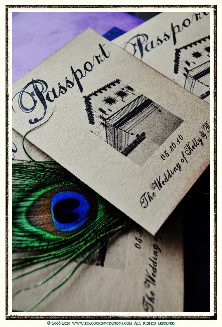 LEE CALIFORNIA Vintage Passport Themed Wedding Invitations in Peacock Purple and Blues Peacock
