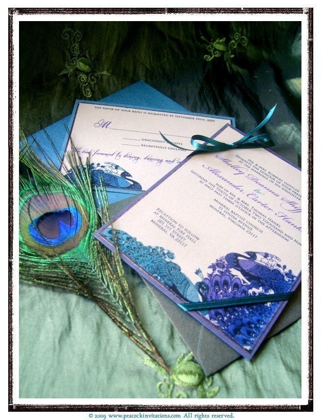 DEANNA Lovebirds Peacock Themed Wedding Invitations in Jade Blue and Forest Green