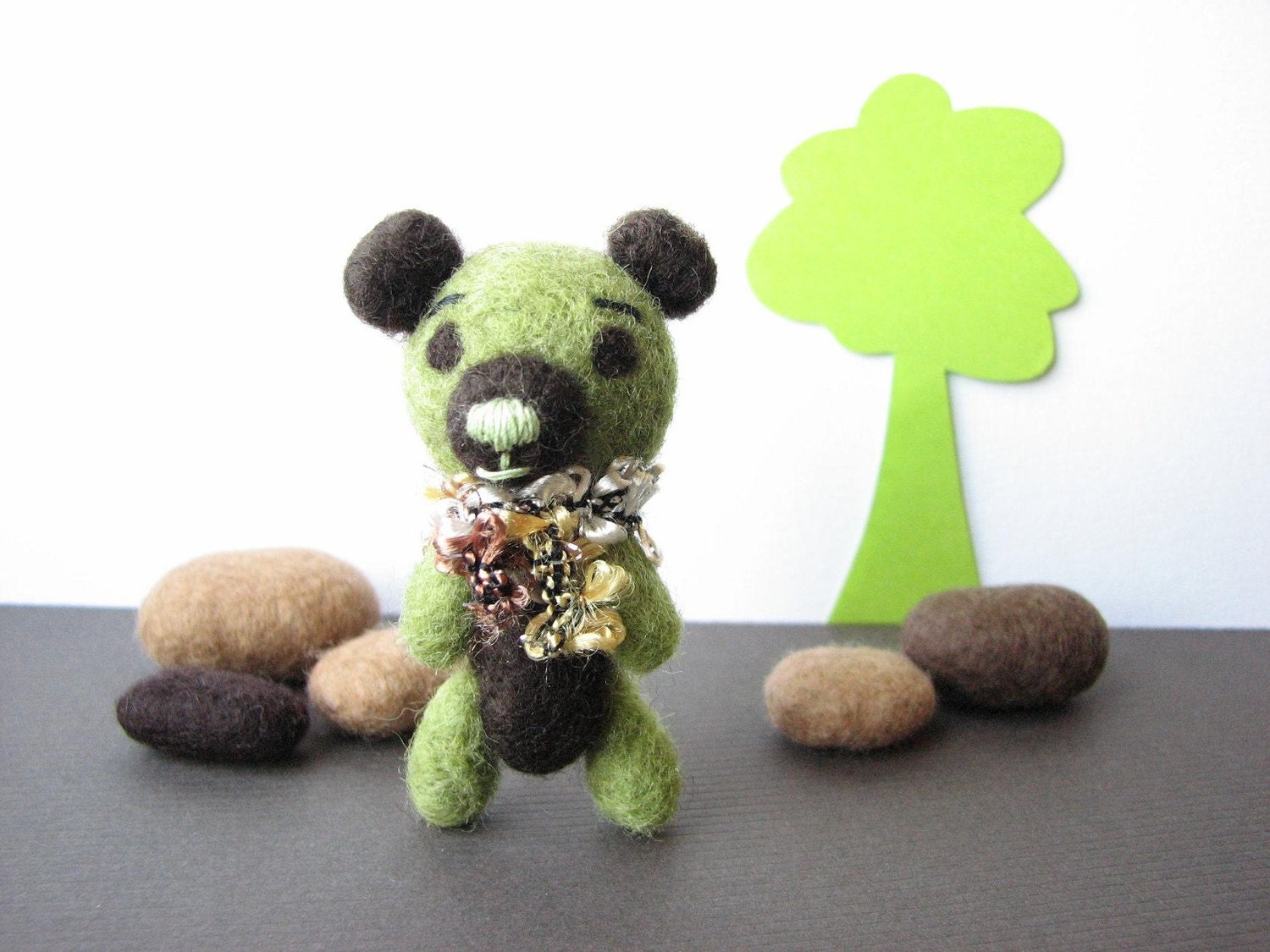 Miniature felted wool teddy bear with scarf   (free drawstring bag / brooch available)