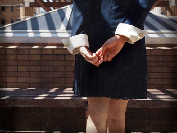 peter pan collar office fashion navy pleated dress long sleeves - RESERVED FOR SANDY