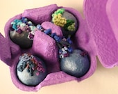 Embroidered French Knot Eggs in Purple Egg Carton Sculpture Art