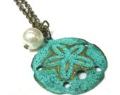 Mint Green Sand Dollar Verdigris Brass Necklace with Pearly Bead