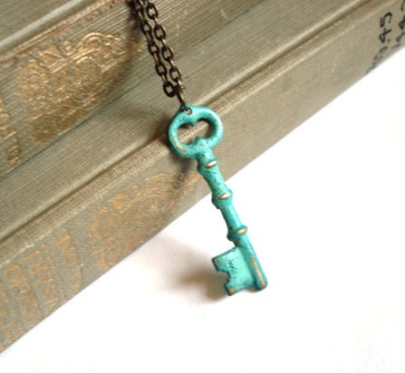 Mint Green Verdigris Hand Aged Raw Brass Skeleton Key Necklace
