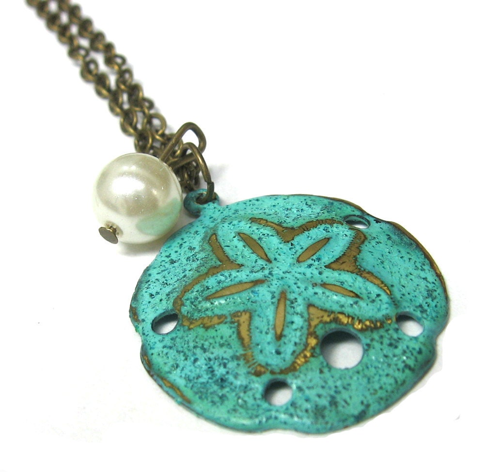 Mint Green Sand Dollar Verdigris Brass Necklace with Pearly Bead
