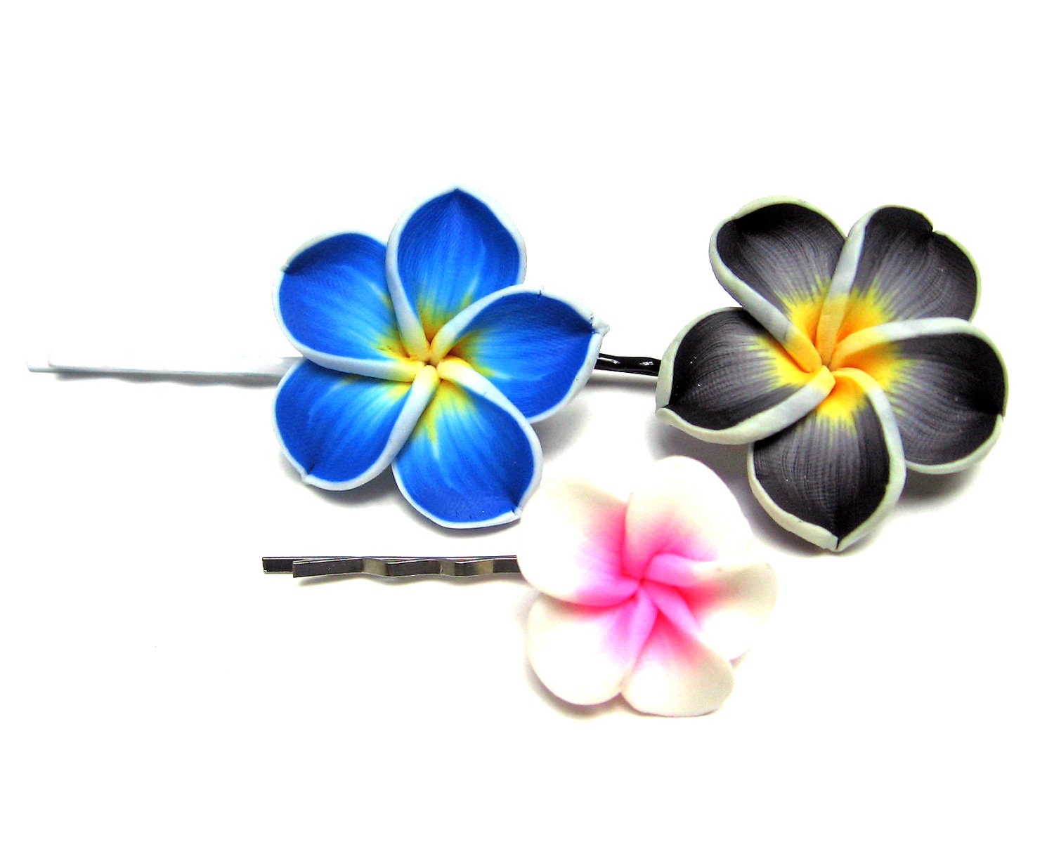 Frangipani Plumeria Blue Yellow and White Bobby Pin Hair Pin