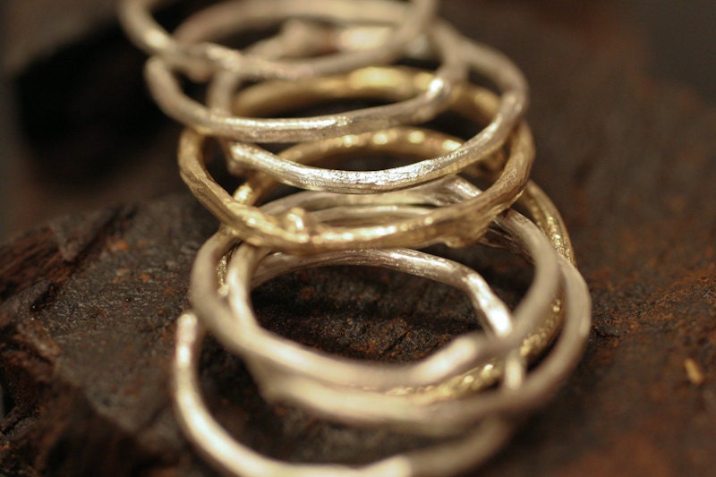 Stack of Twig Rings / Sterling and 14k Y Gold