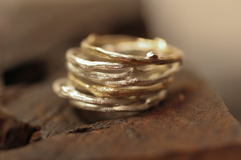 Stack of Twig Rings / Sterling and 14k Y Gold