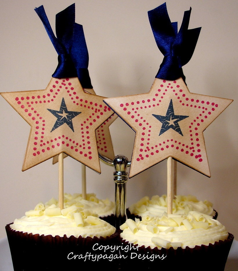 4th of July-Luxury Vintage Style Handmade Star Cupcake Toppers-Double Sided-SET of 20-Ribbon Choice Available by Craftypagan Designs