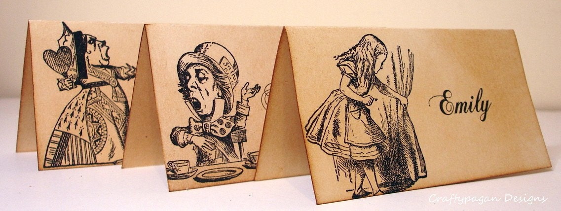 Alice in Wonderland Vintage Style Place Cards x 6 Mixed Characters-WITH Guest Name Printing
