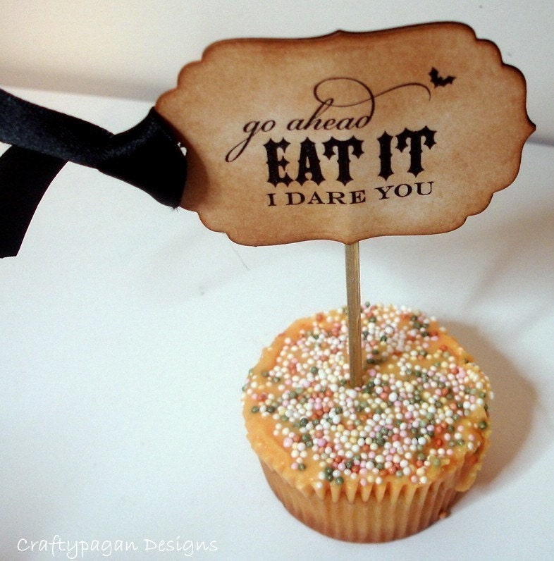 I Dare You Handmade Vintage Style Halloween Cupcake Toppers-SET of 12