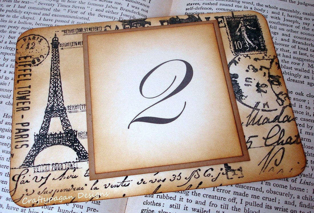 French Postcard Wedding Table Numbers-Hand Printed-Double Sided-Unique Original Design