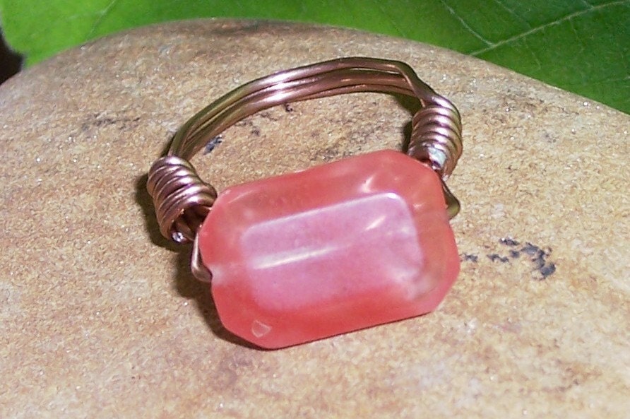Cherry Bling Quartz Ring Pink Stone Wire Wrapped Copper Size 7