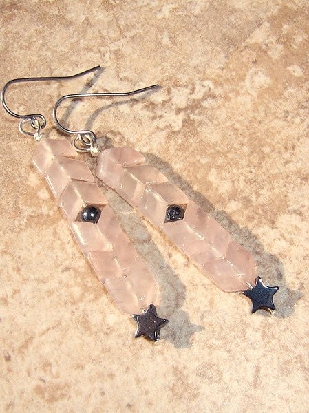 Shooting Star Chevron Dangle Earrings with Rose Quartz and Hematite Stones