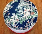 Retro Footstool with Asian Theme Barkcloth Slipcover 60s